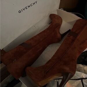 Givenchy knee-high brown suede boots. Sexy, structured heel.